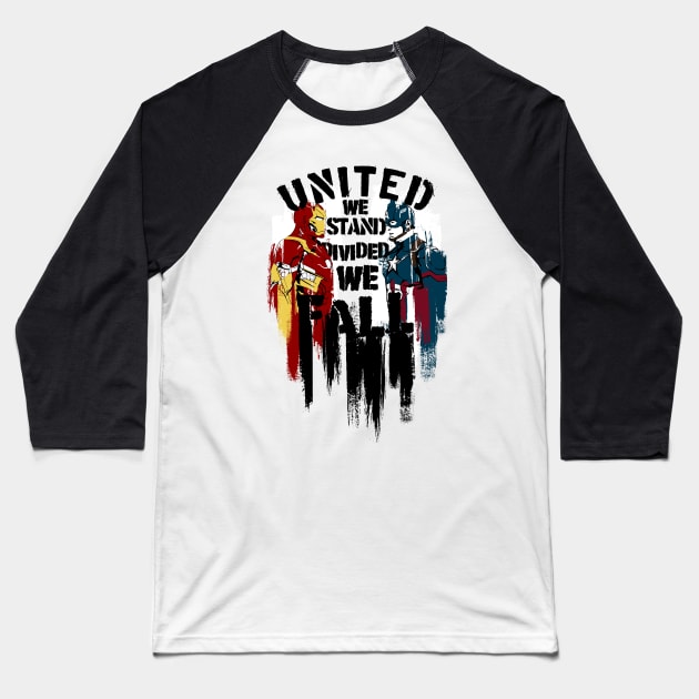 United We Stand Divided We Fall, Stephen Colbert Baseball T-Shirt by artspot